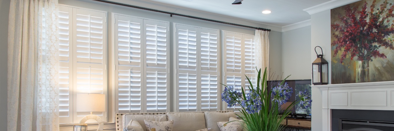 Polywood plantation shutters in San Diego living room