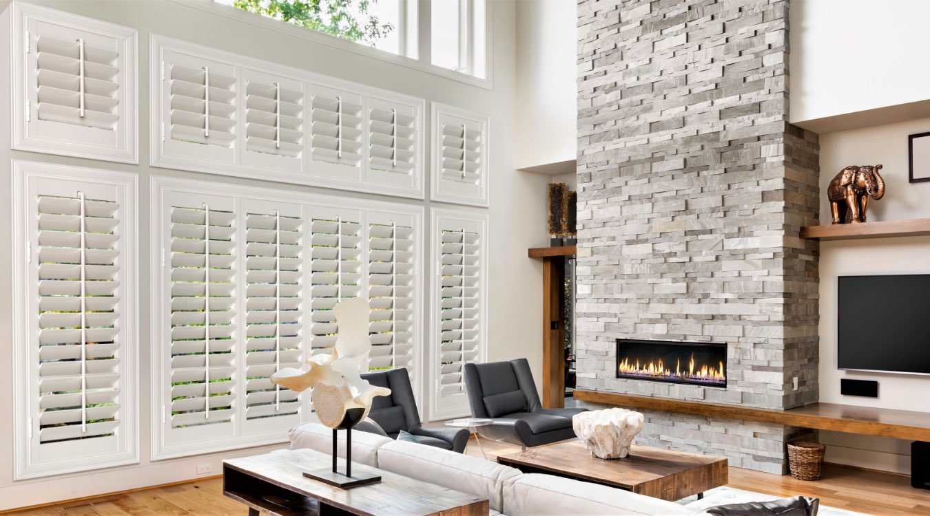 White plantation shutters in living room