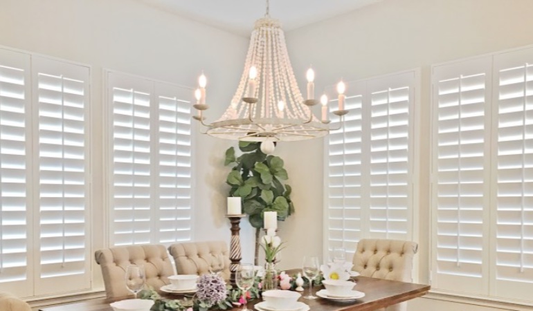 Polywood shutters in a San Diego dining room.