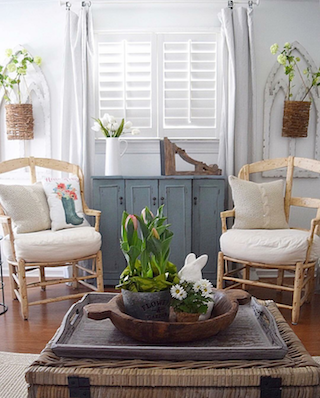 Plantation shutters in bright sunroom.