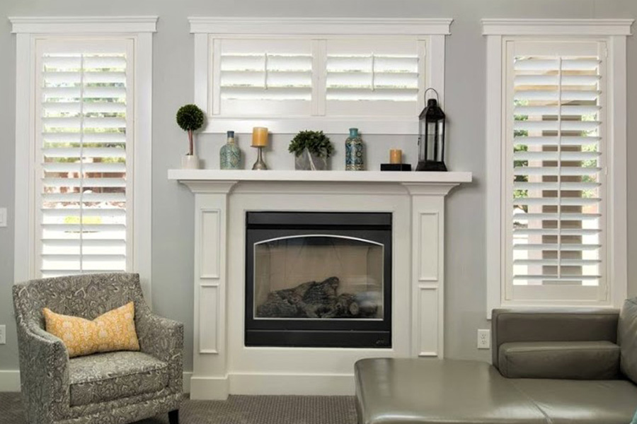 White Polywood shutters in a living room.