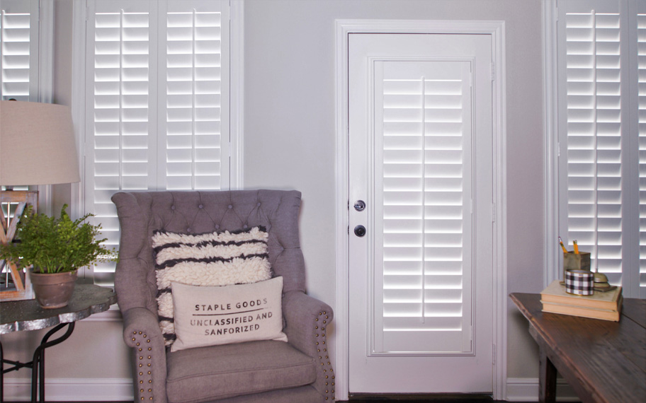 Interior shutters are beautiful and durable window treatments for glass doors in San Diego. Polywood shutters on a door
