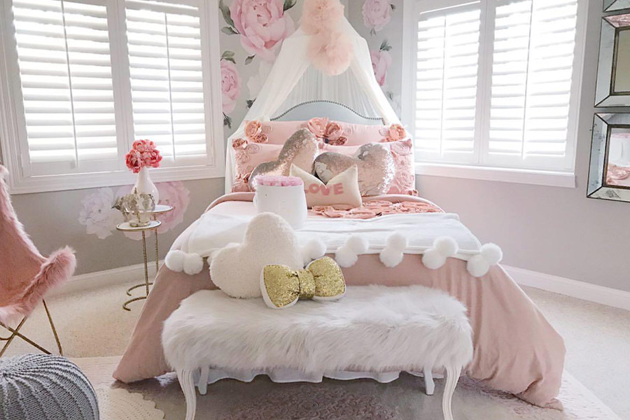 White polywood shutters in a little girl's bedroom