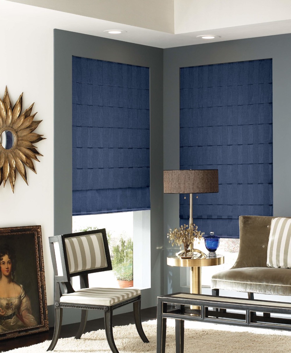 Blue Roman shades in a living room