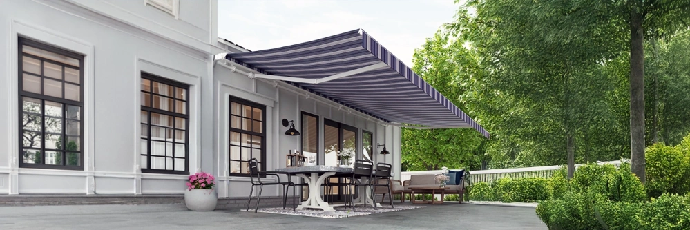 Gray and white striped awning on a white house