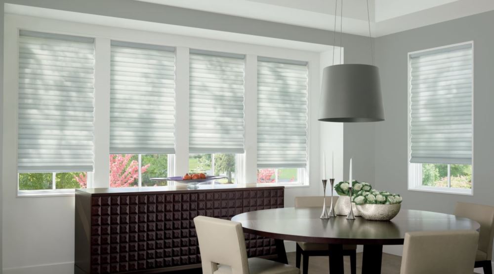 Cordless motorized shades in a San Diego dining room