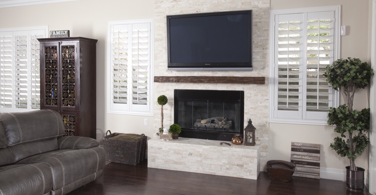 Shutters match chic spaces incredibly well. polywood shutters in San Diego living room