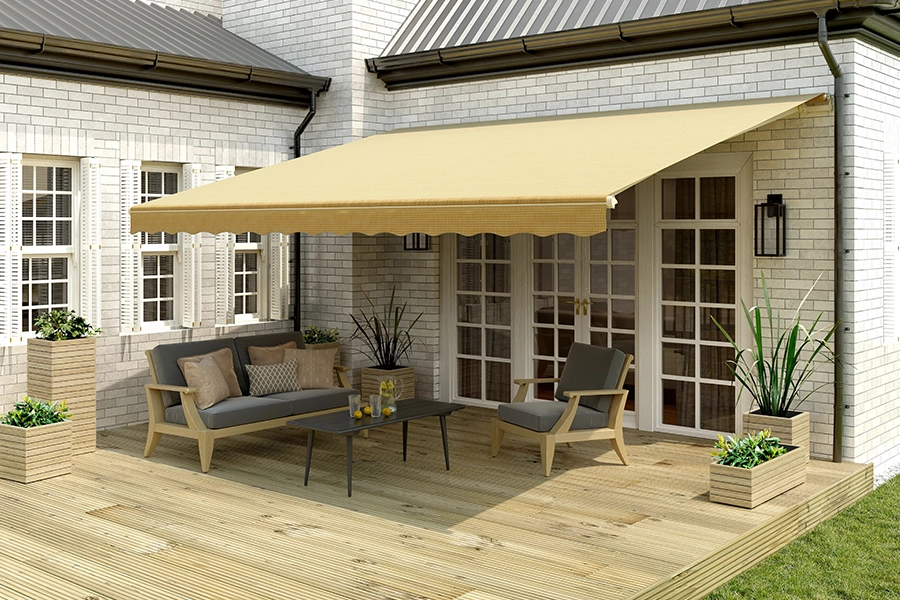  A cream awning over a wood deck